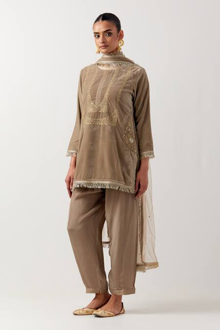 Priya Chaudhary Beige Silk, Crepe, Net Sequins Round Neck Embroidered Kurta Salwar Set Online at Aza Fashions Priya Chaudhary_Beige Silk, Crepe, Net Sequins Round Neck Embroidered Kurta Salwar Set _Online_at_Aza_Fashions