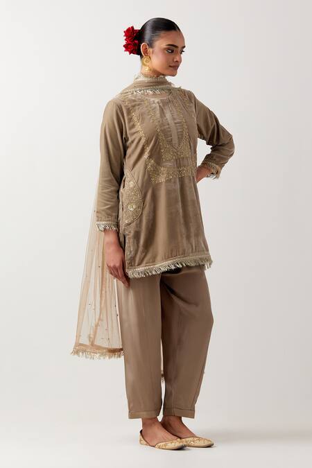 Shop Priya Chaudhary Beige Silk, Crepe, Net Sequins Round Neck Embroidered Kurta Salwar Set Online at Aza Fashions Shop_Priya Chaudhary_Beige Silk, Crepe, Net Sequins Round Neck Embroidered Kurta Salwar Set _Online_at_Aza_Fashions
