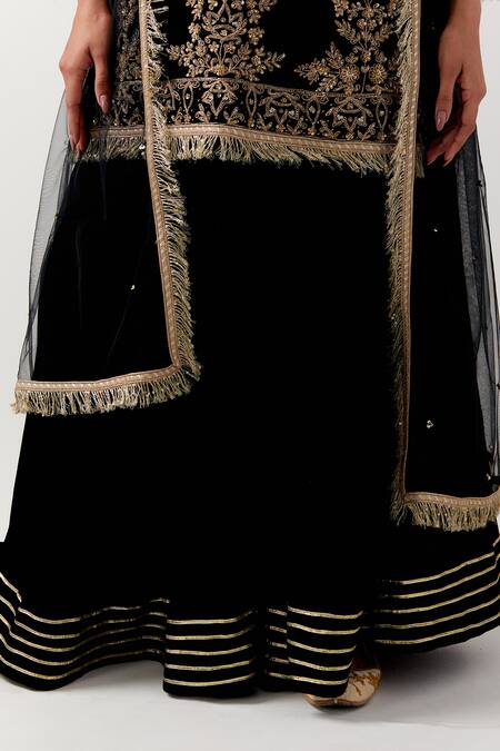 Priya Chaudhary Black Silk, Velvet Embroidery, Fringe V-neck Floral Kurta And Gharara Set Online at Aza Fashions Priya Chaudhary_Black Silk, Velvet Embroidery, Fringe V-neck Floral Kurta And Gharara Set _Online_at_Aza_Fashions