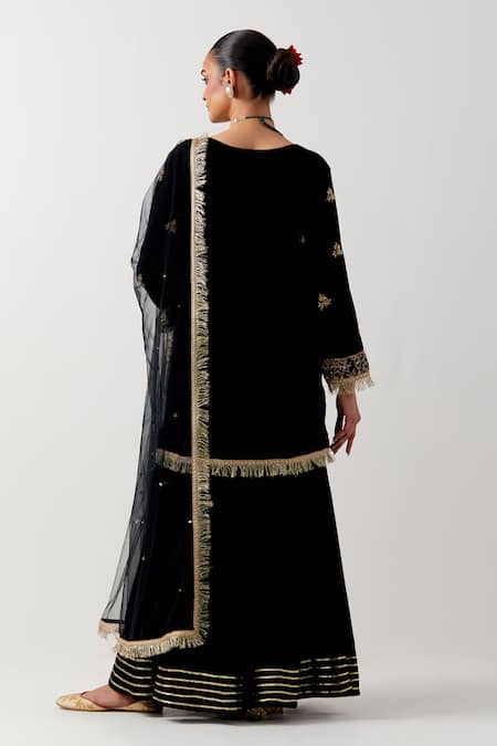 Shop Priya Chaudhary Black Silk, Velvet Embroidery, Fringe V-neck Floral Kurta And Gharara Set at Aza Fashions Shop_Priya Chaudhary_Black Silk, Velvet Embroidery, Fringe V-neck Floral Kurta And Gharara Set _at_Aza_Fashions