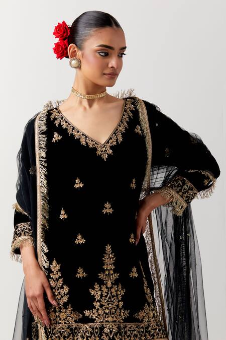 Shop Priya Chaudhary Black Silk, Velvet, Net Embroidery V-neck Floral Kurta Gharara Set Online at Aza Fashions Shop_Priya Chaudhary_Black Silk, Velvet, Net Embroidery V-neck Floral Kurta Gharara Set _Online_at_Aza_Fashions