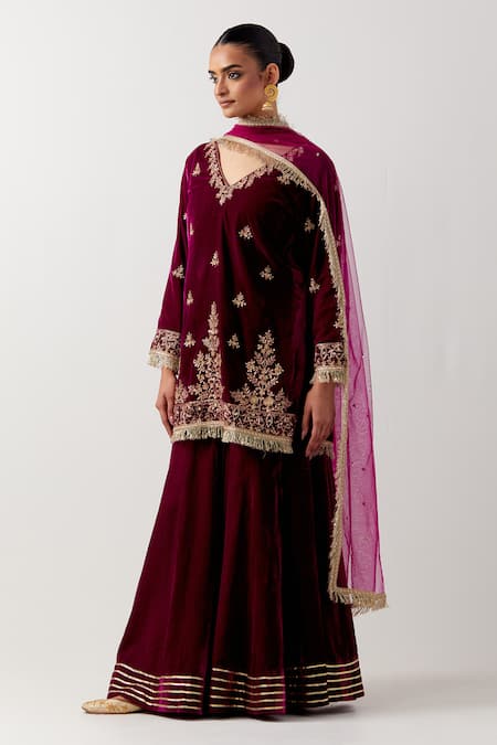 Buy Priya Chaudhary Pink Silk, Velvet Embroidery V-neck Floral Kurta And Gharara Set Online at Aza Fashions Buy_Priya Chaudhary_Pink Silk, Velvet Embroidery V-neck Floral Kurta And Gharara Set _Online_at_Aza_Fashions