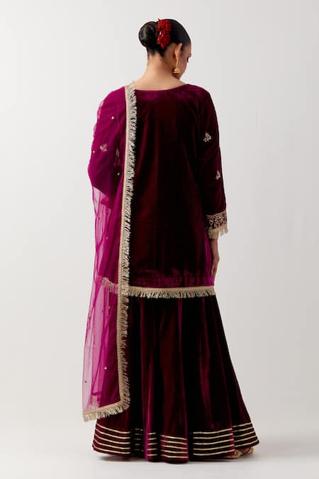 Shop_Priya Chaudhary_Pink Silk, Velvet Embroidery, Fringe V-neck Floral Kurta Gharara Set _at_Aza_Fashions