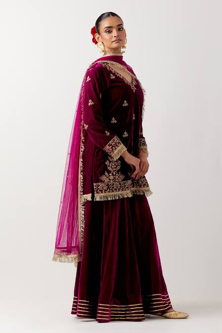 Priya Chaudhary_Pink Silk, Velvet Embroidery, Fringe V-neck Floral Kurta Gharara Set _Online_at_Aza_Fashions