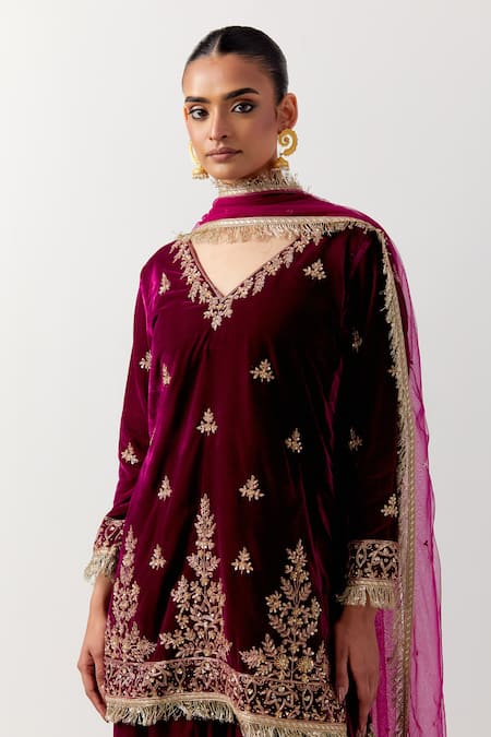 Buy_Priya Chaudhary_Pink Silk, Velvet Embroidery, Fringe V-neck Floral Kurta Gharara Set _Online_at_Aza_Fashions