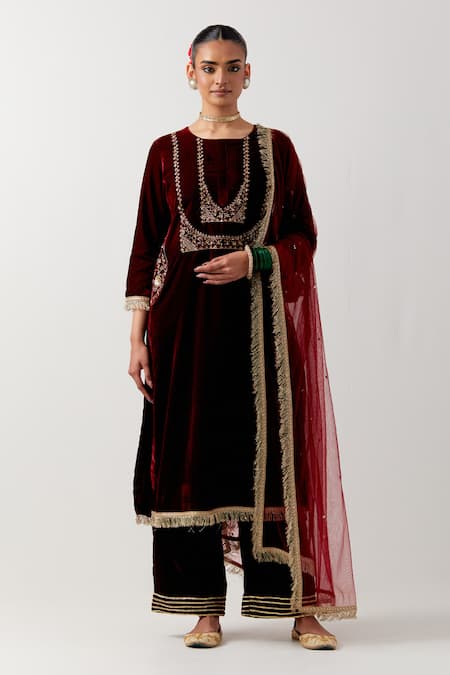Buy Priya Chaudhary Red Silk, Velvet Sequins, Embroidery Round Neck Kurta Online at Aza Fashions Buy_Priya Chaudhary_Red Silk, Velvet Sequins, Embroidery Round Neck Kurta _Online_at_Aza_Fashions