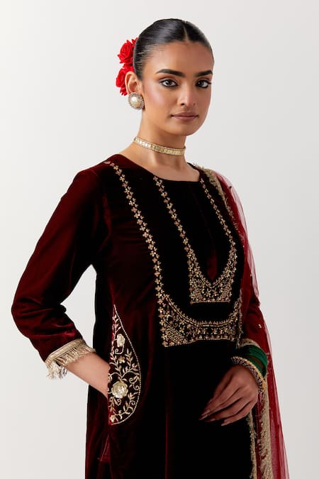 Shop Priya Chaudhary Red Silk, Velvet Sequins, Embroidery Round Neck Kurta Online at Aza Fashions Shop_Priya Chaudhary_Red Silk, Velvet Sequins, Embroidery Round Neck Kurta _Online_at_Aza_Fashions