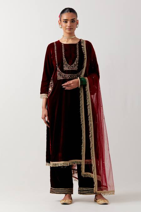 Buy Priya Chaudhary Red Silk, Velvet Sequins, Embroidery Round Neck Floral Kurta And Pant Set Online at Aza Fashions Buy_Priya Chaudhary_Red Silk, Velvet Sequins, Embroidery Round Neck Floral Kurta And Pant Set _Online_at_Aza_Fashions
