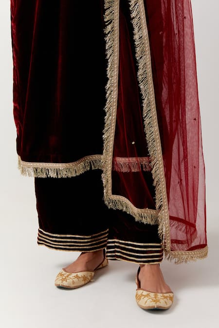 Shop Priya Chaudhary Red Silk, Velvet Sequins, Embroidery Round Neck Floral Kurta And Pant Set Online at Aza Fashions Shop_Priya Chaudhary_Red Silk, Velvet Sequins, Embroidery Round Neck Floral Kurta And Pant Set _Online_at_Aza_Fashions