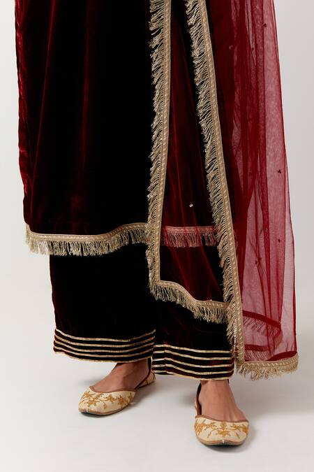 Shop_Priya Chaudhary_Red Silk, Net Sequins, Embroidery Round Neck Velvet Kurta Pant Set _Online_at_Aza_Fashions