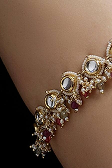 Dugran By Dugristyle_Multi Color Pearls, Lace, Stones Gold Plated Kundan Bajuband _Online_at_Aza_Fashions