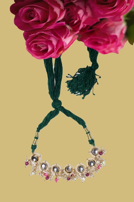 Shop_Dugran By Dugristyle_Multi Color Pearls, Lace, Stones Gold Plated Kundan Bajuband _at_Aza_Fashions