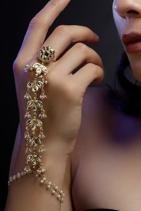 Shop_Dugran By Dugristyle_Cream Embellished Gold Plated Hathphool _Online_at_Aza_Fashions