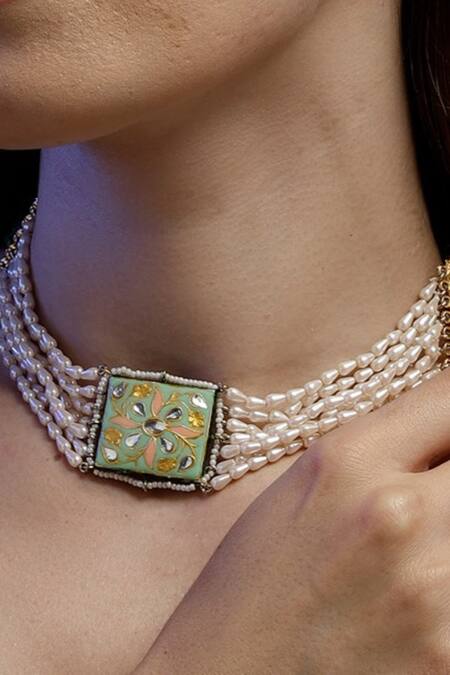 Dugran By Dugristyle_Cream Kundan Pearl Embellished Choker _Online_at_Aza_Fashions