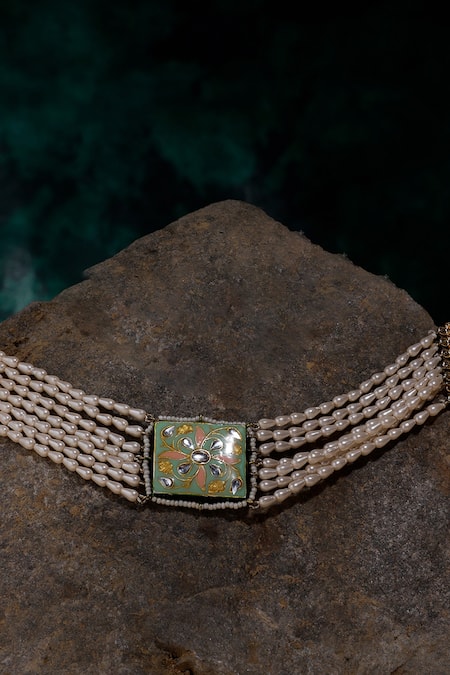 Shop_Dugran By Dugristyle_Cream Kundan Pearl Embellished Choker _Online_at_Aza_Fashions