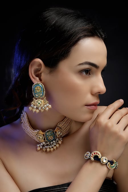 Dugran By Dugristyle Blue & Cream Floral Kundan Choker 