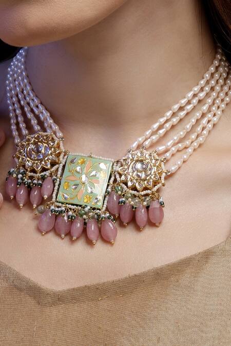 Buy_Dugran By Dugristyle_Multi Color Meenakari Kundan Pearl Choker Necklace _Online_at_Aza_Fashions