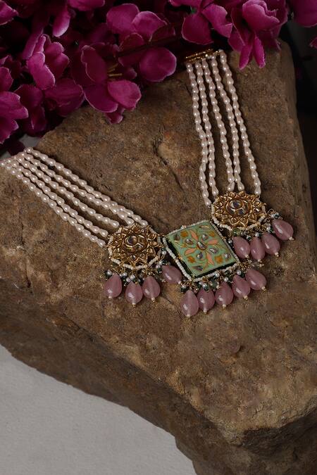 Shop_Dugran By Dugristyle_Multi Color Meenakari Kundan Pearl Choker Necklace _Online_at_Aza_Fashions