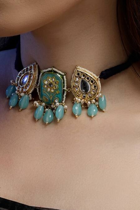 Buy_Dugran By Dugristyle_Blue Geometric Kundan Pearl Choker _Online_at_Aza_Fashions