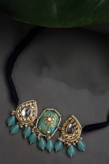 Shop_Dugran By Dugristyle_Blue Geometric Kundan Pearl Choker _Online_at_Aza_Fashions