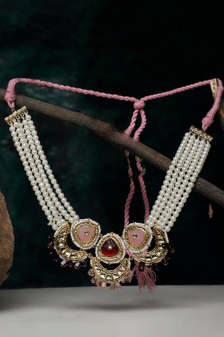 Dugran By Dugristyle_Multi Color Geometric Kundan Pearl Necklace _Online_at_Aza_Fashions