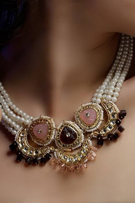 Buy_Dugran By Dugristyle_Multi Color Geometric Kundan Pearl Necklace _Online_at_Aza_Fashions