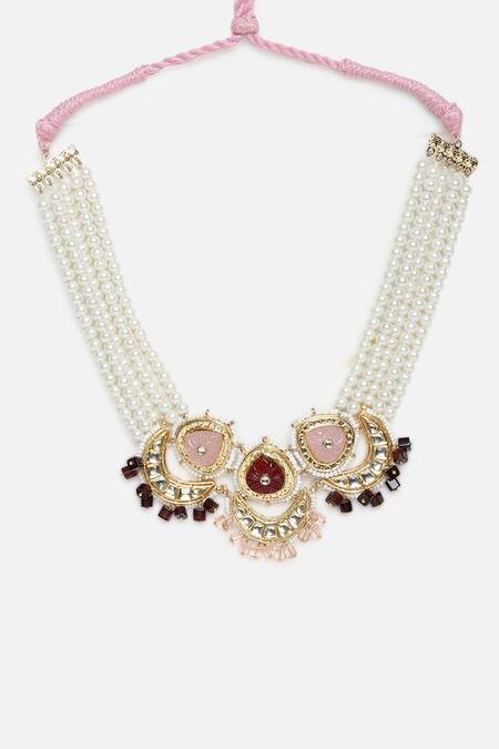 Shop_Dugran By Dugristyle_Multi Color Geometric Kundan Pearl Necklace _Online_at_Aza_Fashions