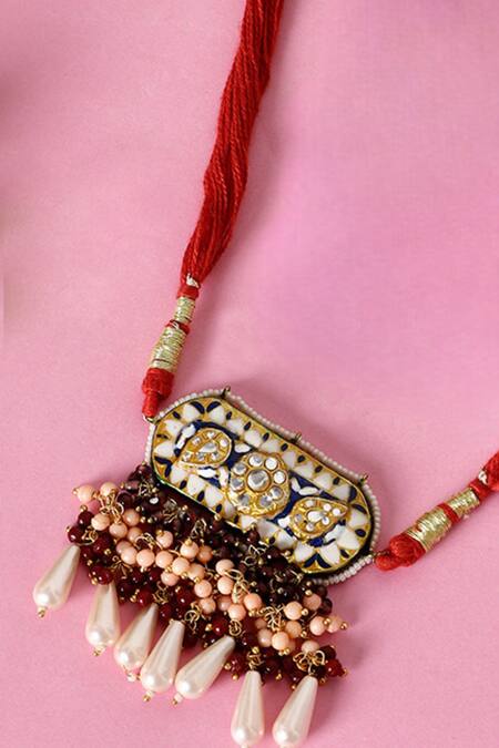 Shop Dugran By Dugristyle Multi Color Pearls, Stones Embellished Necklace With Geometric Motifs Online at Aza Fashions Shop_Dugran By Dugristyle_Multi Color Pearls, Stones Embellished Necklace With Geometric Motifs _Online_at_Aza_Fashions