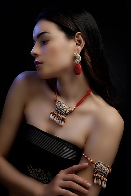 Dugran By Dugristyle Multi Color Pearls, Stones Embellished Necklace With Geometric Motifs