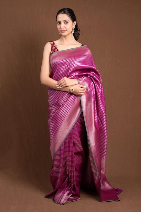 Devissha Rani Pink Banarasi Silk Stripe Woven Saree 