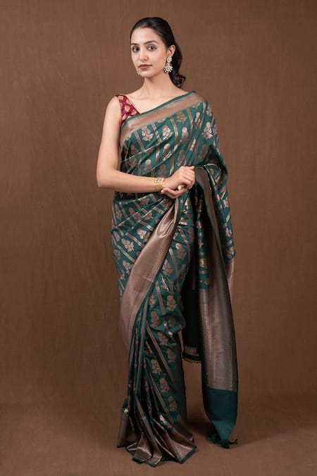 Devissha_Green Silk Dark Floral Woven Banarasi Saree _Online_at_Aza_Fashions