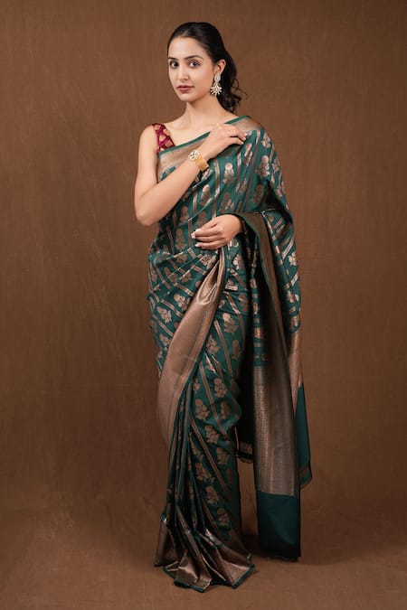 Devissha Dark Green Floral Woven Banarasi Silk Saree 