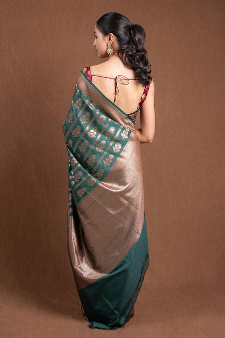 Devissha Dark Green Floral Woven Banarasi Silk Saree 