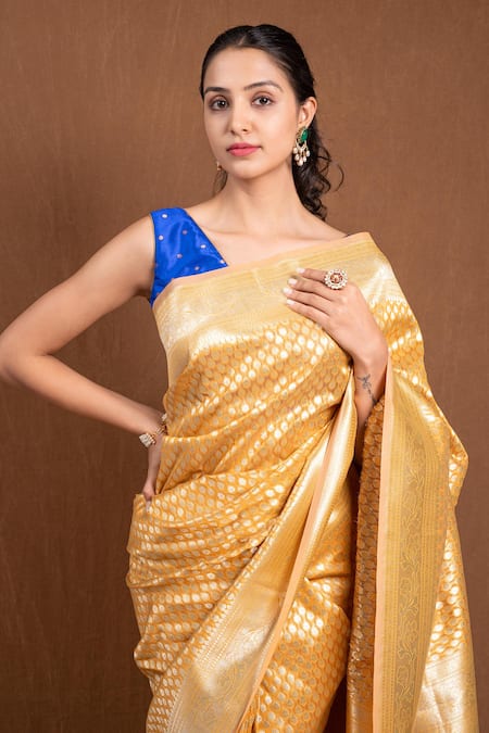 Devissha_Yellow Silk Embroidery Banarasi Floral Butti Woven Saree _Online_at_Aza_Fashions