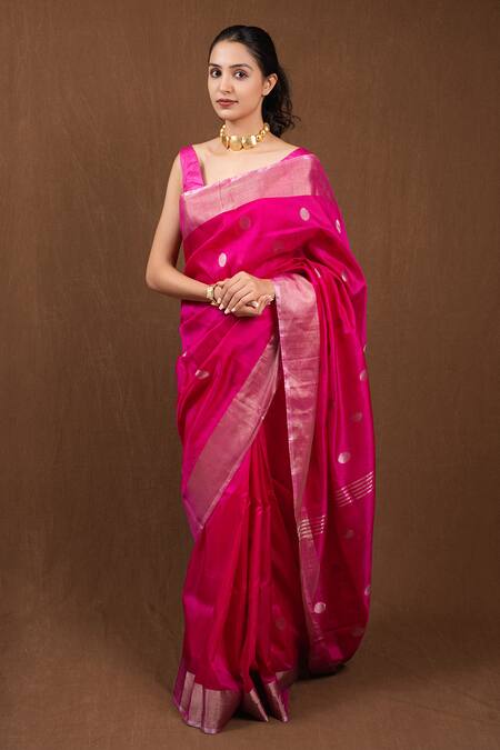 Devissha_Fuchsia Silk Polka Dot Woven Saree _Online_at_Aza_Fashions