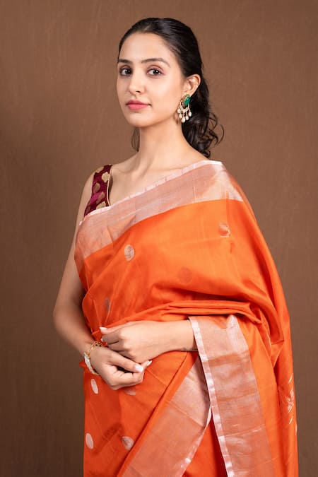 Devissha_Orange Silk Ginni Booti Woven Saree _Online_at_Aza_Fashions