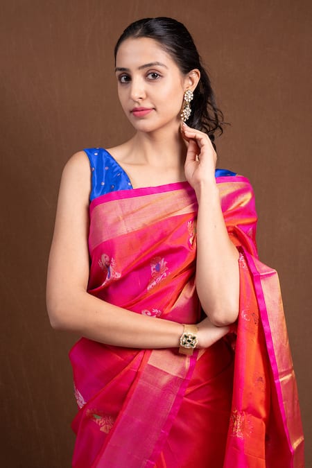 Devissha_Pink Silk Embroidery Floral Paisley Woven Saree _Online_at_Aza_Fashions