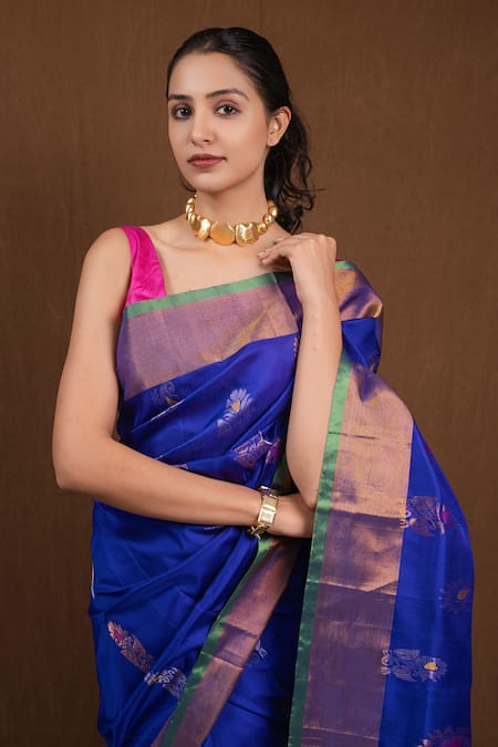 Devissha_Blue Silk Embroidery Royal Flower Paisley Woven Saree_Online_at_Aza_Fashions