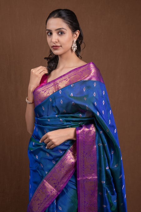 Devissha Blue Silk Embroidery Geometric Floral Woven Saree Online at Aza Fashions Devissha_Blue Silk Embroidery Geometric Floral Woven Saree _Online_at_Aza_Fashions