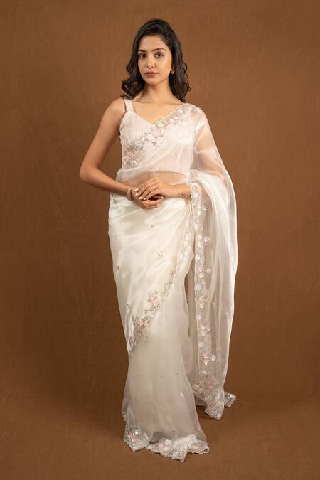 Devissha_White Organza Cut Work, Sequins, Beads Cutdana Border Embroidered Saree _Online_at_Aza_Fashions