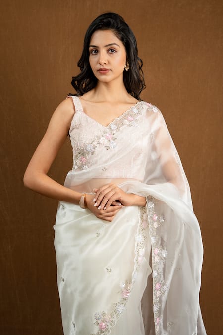 Buy_Devissha_White Organza Cut Work, Sequins, Beads Cutdana Border Embroidered Saree _Online_at_Aza_Fashions