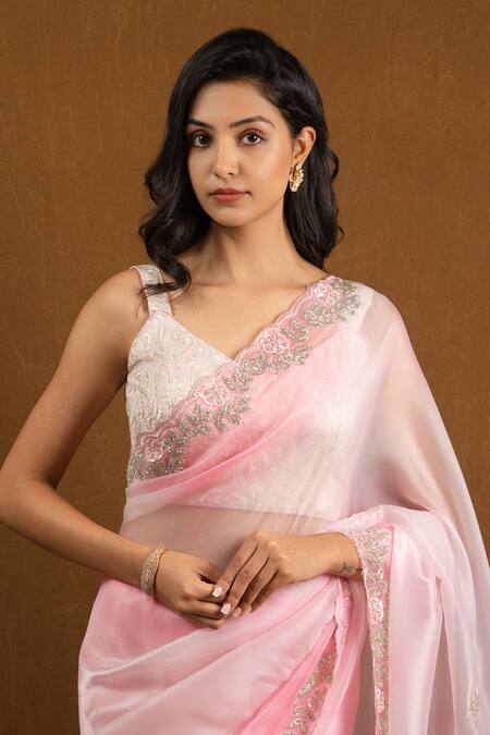 Devissha_Pink Organza Cut Work, Sequins, Beads Floral Embroidered Saree _Online_at_Aza_Fashions