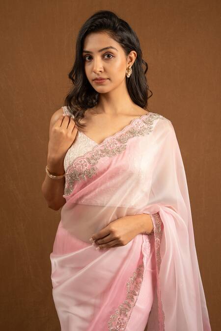 Buy_Devissha_Pink Organza Cut Work, Sequins, Beads Floral Embroidered Saree _Online_at_Aza_Fashions