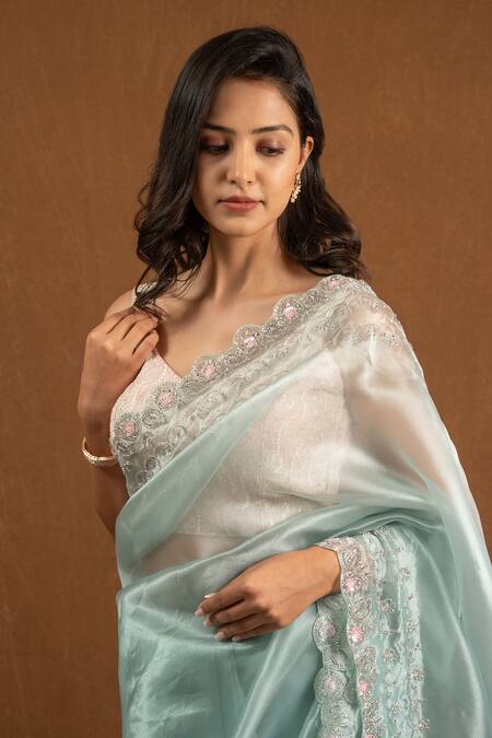 Devissha_Green Organza Cut Work, Sequins, Beads Cutdana Embroidered Sea Saree _Online_at_Aza_Fashions