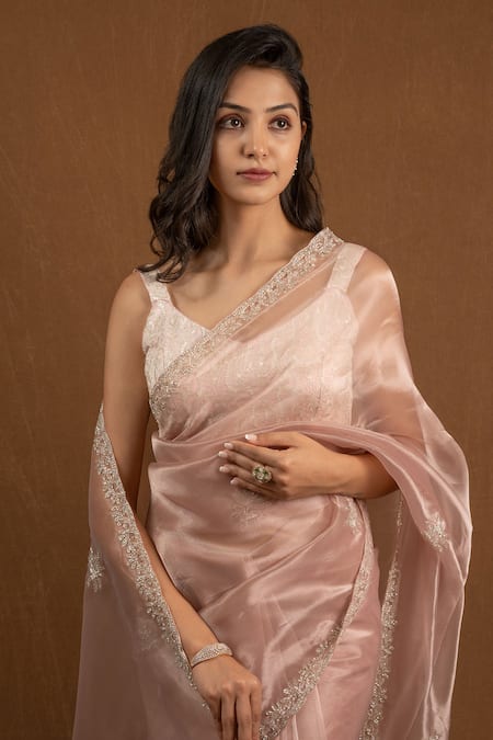 Devissha_Pink Organza Cut Work Cutdana Embroidered Saree_Online_at_Aza_Fashions