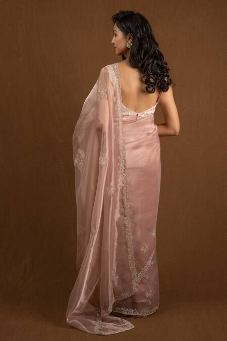 Shop_Devissha_Pink Organza Cut Work Cutdana Embroidered Saree_at_Aza_Fashions