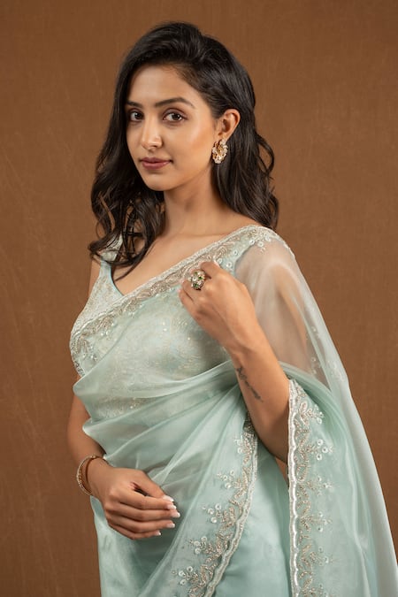 Devissha_Blue Organza Sequins, Cut Work Floral Cutdana Embroidered Saree _Online_at_Aza_Fashions