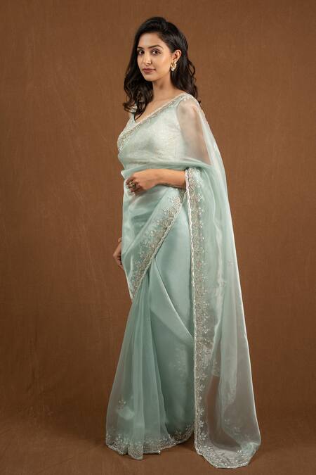 Buy_Devissha_Blue Organza Sequins, Cut Work Floral Cutdana Embroidered Saree _Online_at_Aza_Fashions