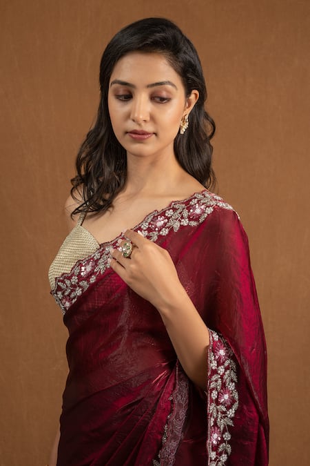 Devissha Maroon Organza Cut Work, Sequins, Beads Floral Cutwork Border Embroidered Saree Online at Aza Fashions Devissha_Maroon Organza Cut Work, Sequins, Beads Floral Cutwork Border Embroidered Saree _Online_at_Aza_Fashions