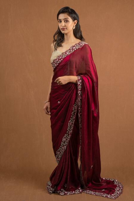 Buy Devissha Maroon Organza Cut Work, Sequins, Beads Floral Cutwork Border Embroidered Saree Online at Aza Fashions Buy_Devissha_Maroon Organza Cut Work, Sequins, Beads Floral Cutwork Border Embroidered Saree _Online_at_Aza_Fashions